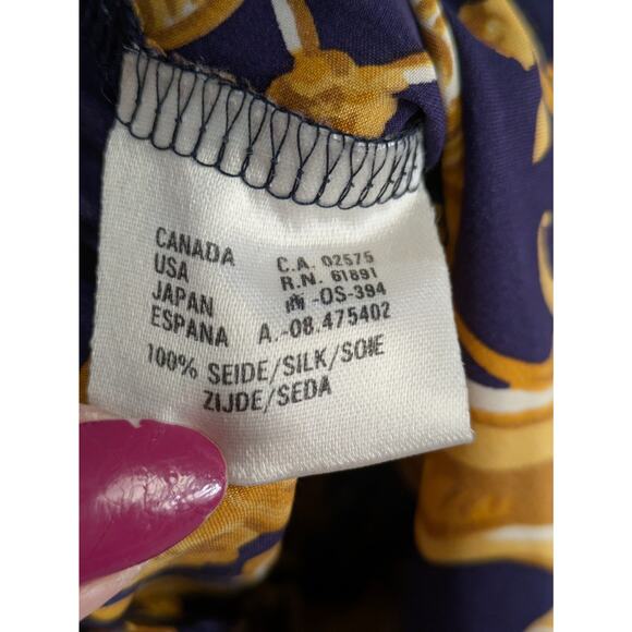 Crisca Tunic Blouse Women 34 Baroque Print 100% Silk Long Sleeve Flowy Navy Gold - Picture 5 of 16